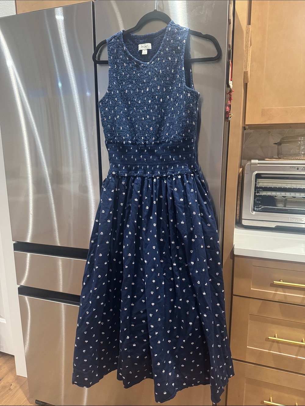 Smocked Bodice Navy Midi Dress with White Floral Motif cotton